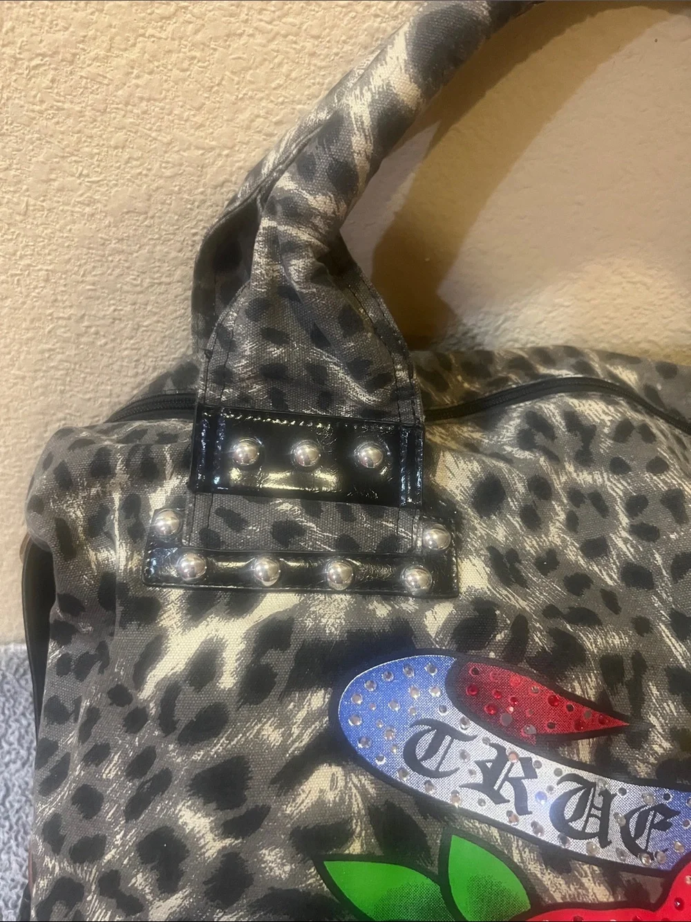 Tattoo Inspired Leopard Print Satchel with Colorful Heart Graphic - Gray